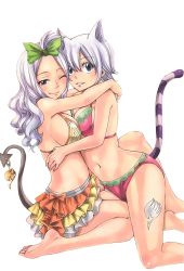 2girls animal_ears barefoot bikini blue_eyes breasts cat_ears cat_tail cleavage fairy_tail green_ribbon hair_ribbon highres hug large_breasts lisanna_strauss looking_at_viewer mashima_hiro mirajane_strauss multiple_girls navel official_art one_eye_closed ribbon siblings sideboob silver_hair sisters smile striped striped_tail swimsuit tail tattoo transparent_background rating:Sensitive score:80 user:danbooru