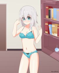  1girl ars_almal artist_name belly blue_eyes blush book bookshelf bow bra breasts commission door green_eyes grey_hair highres indoors knee_up knees_up leafy_bow looking_at_viewer navel nijisanji panties polka_dot polka_dot_bra polka_dot_panties ribbon short_hair solo thighs underwear v vial virtual_youtuber wooden_floor 