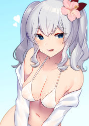 1girl :d akagi_kurage bare_shoulders bikini blue_eyes breasts cleavage collarbone flower hair_flower hair_ornament highres kantai_collection kashima_(kancolle) large_breasts long_hair looking_at_viewer navel off_shoulder open_clothes open_mouth open_shirt pink_flower shirt silver_hair smile solo swimsuit upper_body white_bikini white_shirt rating:Sensitive score:26 user:danbooru