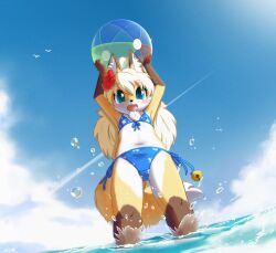  1girl :3 :d aas_(aasjpvm) absurdres ahoge animal_ear_fluff animal_ears animal_nose armpits arms_up ball beachball bell bikini bird blonde_hair blue_bikini blue_eyes blue_sky blush_stickers body_fur brown_fur cloud commentary contrail day english_commentary fangs flower fox_ears fox_girl fox_tail from_below front-tie_bikini_top front-tie_top furry furry_female hair_between_eyes hair_flower hair_ornament happy highres holding holding_ball holding_beachball jingle_bell long_hair looking_at_viewer looking_down miu_(aas) multicolored_fur navel ocean open_mouth original outdoors print_bikini side-tie_bikini_bottom signature sky smile solo splashing standing string_bikini summer swimsuit tail thick_eyebrows wading water water_drop white_fur yellow_fur 