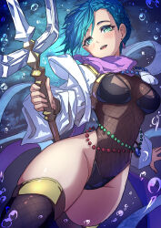 1girl air_bubble blue_eyes blue_hair breasts bubble comic commission cowboy_shot duel_monster fishnet_leotard highres holding_trident leotard light_blush long_sleeves maiden_of_the_aqua medium_breasts parted_lips polearm short_hair shouma_(bravespiritya) skeb_commission solo thighhighs trident underwater weapon yu-gi-oh! rating:Sensitive score:25 user:danbooru