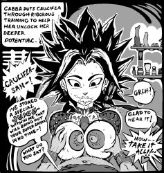  10s 1boy 1girl breasts_squeezed_together breasts cabba caulifla collar covered_erect_nipples cum cum_in_mouth dildo dragon_ball dragon_ball_super ejaculation english_text forced hetero kebab_(artist) large_breasts leash monochrome nipples no_bra paizuri penis rape saiyan sex_toy sweat text_focus trembling uncensored  rating:Explicit score:15 user:Kebab