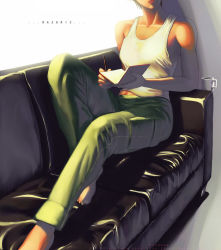  1girl ace_combat ace_combat_5 bare_shoulders barefoot black_hair book cargo_pants collarbone couch cup english_text head_out_of_frame holding kei_nagase lips namco nekkeau pants pen pilot short_hair sitting tank_top 
