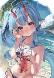 1girl animal beach bikini blue_archive blue_hair blue_sky blush boat breasts chise_(blue_archive) chise_(swimsuit)_(blue_archive) cloud commentary crab day fingernails halo highres holding holding_animal horns long_hair looking_at_viewer navel ocean official_alternate_costume oni_horns outdoors pointy_ears red_horns shaffelli sky small_breasts solo striped_bikini striped_clothes swimsuit watercraft rating:Sensitive score:10 user:danbooru