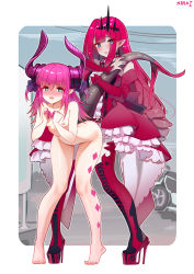  2girls absurdres asymmetrical_horns baobhan_sith_(fate) baobhan_sith_(first_ascension)_(fate) bare_legs barefoot blue_eyes boots clothed_female_nude_female detached_sleeves dragon_girl dragon_tail dress dress_flower earrings elizabeth_bathory_(fate) elizabeth_bathory_(fate/extra_ccc) fate/extra fate/extra_ccc fate/grand_order fate_(series) feet finger_cots grey_eyes high_heel_boots high_heels highres horns implied_futanari jewelry long_hair looking_at_viewer multiple_girls nail_polish ninai nipples nude pink_hair pointy_ears red_dress red_nails tail toenail_polish toenails uneven_horns very_long_hair  rating:Explicit score:161 user:danbooru