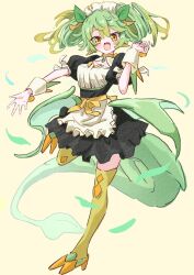  1girl dragon_girl dragon_tail dragon_wings duel_monster fang full_body green_hair green_tail green_thighhighs green_wings highres jigenshin long_hair looking_at_viewer low_wings maid maid_headdress no_nose parlor_dragonmaid solo tail thighhighs twintails wings wrist_cuffs yellow_eyes yu-gi-oh! 
