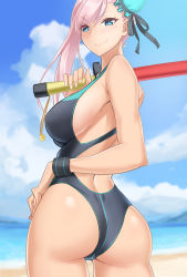  1girl ass asymmetrical_hair back black_one-piece_swimsuit blue_eyes blue_sky blurry blurry_background breasts bun_cover ckros-15 competition_swimsuit cowboy_shot day fate/grand_order fate_(series) from_behind hair_bun highres large_breasts long_hair looking_at_viewer looking_back miyamoto_musashi_(fate) miyamoto_musashi_(fate/grand_order) miyamoto_musashi_(swimsuit_berserker)_(fate) miyamoto_musashi_(swimsuit_berserker)_(first_ascension)_(fate) one-piece_swimsuit outdoors pink_hair single_hair_bun sky solo standing swimsuit 