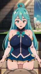  1boy 1girl animated animated_gif aqua_(konosuba) blue_bra blue_hair blue_panties blue_shirt blush bow bowtie bra breasts clothed_female_nude_male clothing_aside completely_nude cum cum_in_pussy heart hetero holding_hands kono_subarashii_sekai_ni_shukufuku_wo! large_breasts long_hair looking_at_viewer navel nipples nude ohmywaifu open_mouth panties panties_aside pov pussy sex shirt skirt standing standing_missionary standing_sex steam_from_mouth straight_hair underwear vaginal 