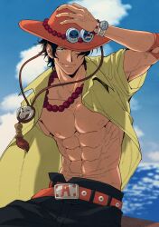  1boy abs absurdres bare_pectorals belt black_hair bracelet commentary elbow_pads floating_hair freckles hat hat_over_one_eye highres jewelry log_pose male_focus necklace ocean one_piece orange_hat pearl_necklace pectorals portgas_d._ace shirt short_hair short_sleeves single_elbow_pad sky smirk solo symbol-only_commentary usarinko yellow_shirt 