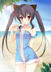  1girl animal_ears beach black_hair blush brown_eyes cat_ears day eating food frills k-on! lens_flare mamita nakano_azusa outdoors popsicle sand sky solo strap_slip thigh_gap thighs twintails water  rating:Sensitive score:20 user:danbooru