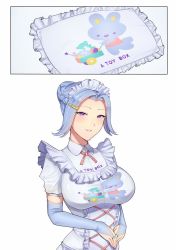  band-width blue_gloves blue_hair braid braided_bun breasts commission dress gloves hair_bun hair_ornament hairclip large_breasts maid maid_headdress original personification pillow purple_eyes tagme white_dress  rating:Questionable score:19 user:Traac