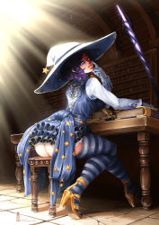  1girl ass barbariank black_desert book bookshelf desk dress frilled_dress frills hat high_heels highres ink inkwell library looking_at_viewer purple_eyes purple_hair quill shoes short_hair solo star_(symbol) thighhighs witch witch_(black_desert) witch_hat zettai_ryouiki  rating:Questionable score:24 user:Touchtail