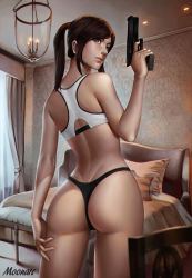  1girl arm_at_side artist_name ass audia_pahlevi bare_arms bare_shoulders bed bed_sheet black_panties blanket brown_hair capcom chair chandelier claire_redfield closed_mouth cowboy_shot curtains day finger_on_trigger fingernails from_behind gun hand_on_thigh hand_up handgun highres holding holding_gun holding_weapon indoors legs_apart lips long_hair looking_back nose panties parted_bangs pillow pink_lips pistol ponytail resident_evil resident_evil_2 solo sports_bra thong underwear weapon window 