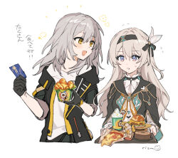 2girls :d black_gloves black_hairband black_jacket blush bow burger chicken_(food) credit_card eyes_visible_through_hair firefly_(honkai:_star_rail) flower flying_sweatdrops food fried_chicken gloves grey_hair hair_between_eyes hair_intakes hair_ornament hairband highres holding holding_food holding_tray honkai:_star_rail honkai_(series) ice_cream jacket long_hair long_sleeves looking_at_another medium_hair multiple_girls neckerchief open_mouth pizza pizza_slice purple_eyes ribbon rizu033 shirt sidelocks signature simple_background smile stelle_(honkai:_star_rail) sweatdrop trailblazer_(honkai:_star_rail) tray upper_body white_background white_shirt yellow_eyes
