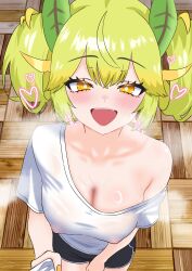  1girl black_shorts blush breasts cleavage collarbone commentary_request covered_erect_nipples cowboy_shot dragon_girl dragon_horns duel_monster from_above green_hair heart highres horns large_breasts long_hair looking_at_viewer oldsickkim open_mouth paid_reward_available parlor_dragonmaid shirt shorts single_off_shoulder smile twintails white_shirt wooden_floor yellow_eyes yu-gi-oh! 