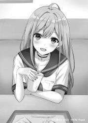  1girl ahoge arms_on_table artist_name blush choker collarbone commentary_request copyright_name copyright_notice cup danjo_no_yuujou_wa_seiritsu_suru? eyes_visible_through_hair greyscale highres holding holding_cup inuzuka_himari long_hair looking_at_viewer monochrome neckerchief novel_illustration official_art open_mouth parum39 school_uniform second-party_source serafuku sitting solo table tray 