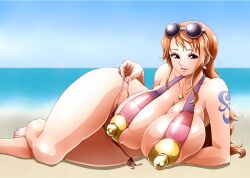  1girl alternate_breast_size alternate_costume arm_support ass barefoot beach bikini bikini_pull blush breasts breasts_squeezed_together cameltoe clothes_pull earrings hetero highres huge_ass huge_breasts jewelry legs_together long_hair looking_at_viewer lying moaning nami_(one_piece) nami_(one_piece)_(post-timeskip) official_alternate_costume one_piece one_piece_film:_z orange_eyes orange_hair seductive_gaze shiny_skin shoulder_tattoo side-tie_bikini_bottom skindentation smile string_bikini sunglasses_on_head sweat swimsuit tattoo thong thong_bikini undressing very_long_hair wrato 