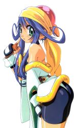  1990s_(style) 1girl ass bandana bike_shorts black_shorts blue_hair brown_gloves cowboy_shot finger_to_face fingerless_gloves gloves green_eyes highres kotobuki_tsukasa lime_(saber_j) looking_at_viewer non-web_source open_mouth retro_artstyle saber_marionette_j short_hair shorts simple_background solo standing white_background 