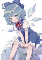  1girl absurdres ahase_hino blue_bow blue_dress blue_eyes blue_hair bow child cirno colored_skin dead_animal dress female_focus frozen_frog highres ice ice_wings light_blush light_particles looking_at_viewer red_ribbon ribbon short_hair short_sleeves simple_background sitting sitting_on_object smile solo touhou white_background white_skin wings  rating:General score:10 user:victusr34
