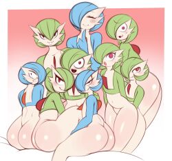  6+girls @_@ absurdres alternate_color ass back black_eyes blue_hair blush bright_pupils closed_eyes closed_mouth colored_skin creatures_(company) eyelashes female_focus flat_chest game_freak gardevoir gen_3_pokemon glasses gradient_background green_hair grin hair_between_eyes hair_over_one_eye half-closed_eyes highres licking_lips looking_at_viewer looking_back multiple_girls naughty_face navel nervous nintendo no_humans open_mouth pink_background pokemon red_eyes saltyxodium sharp_teeth shiny_pokemon shiny_skin sitting smile standing sweatdrop teeth thick_thighs thighs tongue tongue_out upper_teeth_only white_background white_pupils white_skin wide_hips  rating:Questionable score:99 user:Orphan_crippler