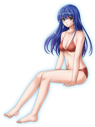 1girl absurdres arm_support barefoot bikini blue_eyes blue_hair breasts caeda_(fire_emblem) cleavage closed_mouth collarbone fire_emblem fire_emblem:_shadow_dragon_and_the_blade_of_light floating_hair full_body hair_between_eyes highres invisible_chair long_hair looking_at_viewer medium_breasts navel nintendo red_bikini sideboob simple_background sitting smile solo swimsuit tamamon very_long_hair white_background rating:Sensitive score:12 user:danbooru