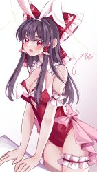  1girl absurdres alternate_costume animal_ears blush bow breasts bridal_garter brown_hair cleavage commentary_request detached_collar fake_animal_ears fake_tail frilled_bow frilled_hair_tubes frills hair_bow hair_tubes hakurei_reimu highres leotard long_hair looking_at_viewer mito_(fate) open_mouth pink_bow playboy_bunny rabbit_ears rabbit_tail red_bow red_eyes red_leotard signature solo strapless strapless_leotard sweatdrop tail touhou 