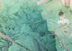  1girl ahoge architecture copyright_request dress dutch_angle ely fish from_above green_theme highres only_human railing ruins scenery sinlaire solo standing wading water  rating:Questionable score:12 user:danbooru