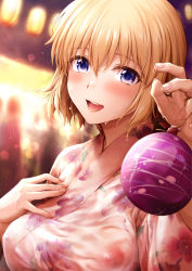  1girl blonde_hair blue_eyes blurry blurry_background blush breasts chacharan fate/grand_order fate_(series) festival fingernails hand_on_own_chest highres japanese_clothes jeanne_d&#039;arc_(fate) kimono lantern large_breasts looking_at_viewer night nipples open_mouth outdoors paper_lantern see-through smile summer_festival sweat water_yoyo wet wet_clothes yukata  rating:Questionable score:31 user:danbooru