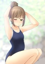  1girl absurdres armpits bare_arms bare_shoulders blue_one-piece_swimsuit blurry blurry_background breasts brown_hair closed_mouth collarbone commentary_request day depth_of_field feet_out_of_frame green_eyes hair_bun half-closed_eye highres one-piece_swimsuit one_eye_closed original outdoors shibacha sidelocks single_hair_bun small_breasts solo squatting swimsuit 