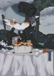  1girl alternate_color arch black_bow black_bowtie black_gloves black_hat blue_flower blue_hair blue_rose blue_skin blueberry blush bob_cut bow bowtie bush cake closed_mouth clothed_pokemon cloud cloudy_sky colored_skin creatures_(company) cup female_focus flower food fork fruit game_freak gardevoir gen_3_pokemon gloves grey_sky hair_between_eyes hand_on_own_cheek hand_on_own_face hands_up happy hat hat_bow head_rest highres holding holding_fork light_blush looking_at_viewer mega_stone multicolored_skin muted_color nintendo on_chair orange_(fruit) orange_eyes orange_slice outdoors pillbox_hat plate pokemon pokemon_(creature) red_flower rose saucer shicha_(yagu) shiny_pokemon short_hair sitting sky smile solo straight-on table teacup teapot tilted_headwear tulip two-tone_skin upper_body white_flower white_skin white_tulip 