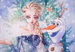 1girl 1other arm_up blue_dress blue_eyes braid braided_ponytail candle carrot dress elsa_(frozen) eyelashes eyeshadow frozen_(disney) karin_park light_smile long_sleeves looking_to_the_side makeup olaf_(frozen) side_ponytail signature snow snowman stick strapless strapless_dress upper_body 