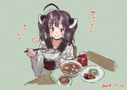  1girl ahoge bowl brown_hair chair chopsticks closed_mouth commentary_request dated food food_request green_background headgear holding holding_bowl holding_chopsticks japanese_clothes kimono lamb_(hitsujiniku) long_sleeves looking_at_viewer obi on_chair plate sash simple_background sitting smile solo table touhoku_kiritan translation_request twintails voiceroid white_kimono wide_sleeves 