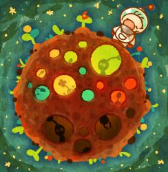  1boy arms_up big_nose brown_hair buttons closed_eyes commentary flower gloves helmet koda_kodachi leaf male_focus nintendo olimar on_mini_planet pikmin_(creature) pikmin_(series) planet pointy_ears radio_antenna red_flower red_gloves short_hair space space_helmet spacesuit star_(sky) star_(symbol) very_short_hair 