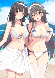  :d akahi242 beach bikini black_hair breasts cleavage collarbone commission cosplay costume_switch flower front-tie_bikini_top front-tie_top girls&#039;_frontline hair_flower hair_ornament hairband hairclip haruna_(kancolle) highres kantai_collection large_breasts long_hair looking_at_viewer navel ocean official_alternate_costume open_mouth outdoors sarong side-tie_bikini_bottom skeb_commission smile swimsuit thighhighs twitter_username type_95_(girls&#039;_frontline) type_95_(summer_cicada)_(girls&#039;_frontline) white_bikini white_hairband white_sarong white_thighhighs yellow_eyes 