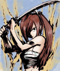1girl cleaned erza_scarlet fairy_tail hair_over_one_eye mashima_hiro official_art ponytail red_hair sarashi sword tattoo weapon rating:Sensitive score:30 user:jojosstand