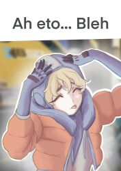  1girl ^_^ ah_eto..._bleh_(meme) animification apex_legends blonde_hair blue_bodysuit blue_gloves bodysuit closed_eyes commentary english_commentary gloves grey_bodysuit hair_between_eyes hands_on_own_head head_tilt highres hood hood_down hood_up hooded_bodysuit hooded_jacket jacket meme orange_jacket solo taiho_shichauzo tongue tongue_out ueda_(ueda8039) upper_body wattson_(apex_legends) 