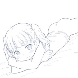 1girl aaaa_(quad-a) ass bad_id bad_pixiv_id blunt_bangs blush bottomless greyscale highres loli long_hair looking_at_viewer lying monochrome on_stomach original sketch smile solo twintails rating:Questionable score:141 user:danbooru