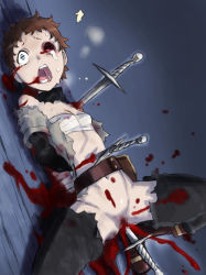  1girl arms_behind_back blood breasts brown_hair censored dagger guro knife lying momo_tai mosaic_censoring navel ninya one-eyed open_mouth overlord_(maruyama) short_hair small_breasts solo stab sword teeth torn_clothes torture weapon  rating:Explicit score:85 user:Erebea