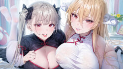  2girls absurdly_long_hair absurdres alternate_costume azur_lane bare_shoulders black_dress black_ribbon blonde_hair breasts chinese_clothes cleavage cleavage_cutout clothing_cutout covered_erect_nipples dress earrings formidable_(azur_lane) grey_hair hair_between_eyes highres horns huge_breasts implacable_(azur_lane) indoors jewelry large_breasts long_hair looking_at_viewer lying multiple_girls on_stomach pantyhose red_eyes rhasta ribbon short_sleeves sleeveless sleeveless_dress the_pose thighhighs tongue tongue_out twintails very_long_hair white_dress white_horns white_pantyhose white_thighhighs 