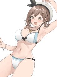  1girl arm_up armpits atelier_(series) atelier_ryza bare_arms bare_shoulders beret bikini breasts brown_eyes brown_hair cleavage commentary cowboy_shot hat highres large_breasts navel open_mouth reisalin_stout rin_(rjyy2752) short_hair simple_background solo standing stomach swimsuit thighs white_background white_bikini white_hat 