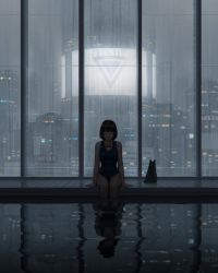 1girl absurdres black_one-piece_swimsuit building cat closed_eyes goggles goggles_around_neck grey_sky guweiz highres indoors legs_together one-piece_swimsuit original poolside reflection short_hair sitting sky skyscraper solo swimsuit water rating:Sensitive score:10 user:danbooru