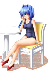  1girl blue_eyes blue_hair blush braid breasts chair hair_intakes kanon large_breasts long_hair matching_hair/eyes mature_female minase_akiko one-piece_swimsuit school_swimsuit shion_faru shoes single_braid solo swimsuit table 