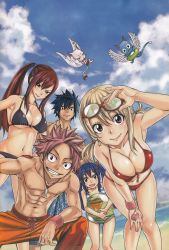 2boys 3girls abs beach bikini blonde_hair breasts charle_(fairy_tail) cleavage erza_scarlet fairy_tail gray_fullbuster happy_(fairy_tail) highres large_breasts lucy_heartfilia mashima_hiro multiple_boys multiple_girls muscular natsu_dragneel ocean red_hair smile swimsuit underboob wendy_marvell rating:Sensitive score:73 user:jojosstand