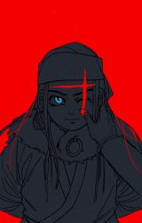  1girl ainu ainu_clothes asirpa blood blood_on_face blue_eyes cape cosplay earrings fur_cape golden_kamuy guaguapiu highres jewelry long_hair long_sleeves looking_at_viewer red_background red_theme scar sketch solo spot_color wilk_(golden_kamuy) wilk_(golden_kamuy)_(cosplay) 