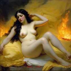  ai-generated belly black_hair breasts closed_eyes curvy fire long_hair lying navel nipples nude on_back seductress sleepy small_breasts william_bouguereau  rating:Explicit score:5 user:kitsuneshapeshifter