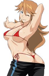  1girl arm_behind_head arm_up armpits ass bikini blue_eyes breasts brown_hair butt_crack cleavage clothes_pull female_focus freckles highres long_hair looking_at_viewer looking_back makino_tomoyasu medium_breasts monsuno one_eye_closed pants pants_pull red_bikini smile solo sweat swimsuit thong thong_bikini thumbs_up vicky_(monsuno) whale_tail_(clothing) wink 