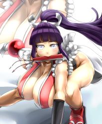 1girl areola_slip breasts cleavage folded_fan cosplay fatal_fury folding_fan hand_fan highres hyuuga_hinata japanese_clothes large_breasts long_hair looking_at_viewer mouth_hold naruto naruto_(series) ponytail purple_eyes purple_hair revealing_clothes rope sakuama shiranui_mai shiranui_mai_(cosplay) sideboob solo squatting the_king_of_fighters rating:Questionable score:121 user:jojosstand