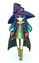  1girl 797 alice_soft bad_id bad_pixiv_id boots cape female_focus full_body green_eyes green_hair hat long_hair masou_shizuka matching_hair/eyes rance_(series) sengoku_rance simple_background solo white_background witch_hat 