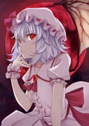  1girl ascot bat_wings brooch fang fang_out finger_to_mouth fingernails frilled_hat frills full_moon hat hat_ribbon highres jewelry light_purple_hair looking_at_viewer mob_cap moon pnoji puffy_short_sleeves puffy_sleeves red_eyes red_moon red_ribbon remilia_scarlet ribbon sash short_sleeves skirt skirt_set smile solo touhou vampire wings wrist_cuffs 