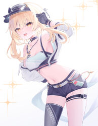  1girl arm_behind_back armpits bare_shoulders black_gloves black_headwear black_shorts black_thighhighs blonde_hair character_name genshin_impact gloves hair_between_eyes hand_up kanora long_sleeves looking_at_viewer lumine_(genshin_impact) navel official_alternate_costume open_mouth short_hair_with_long_locks short_shorts shorts sidelocks simple_background single_thighhigh smile solo standing stomach teeth thigh_strap thighhighs twitter_username upper_teeth_only white_background yellow_eyes 